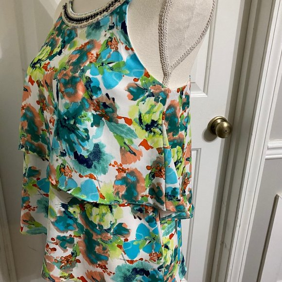 S IZ Byer Floral Summer Top w Beaded Neckline and Double Ruffle Bodice - Picture 4 of 8